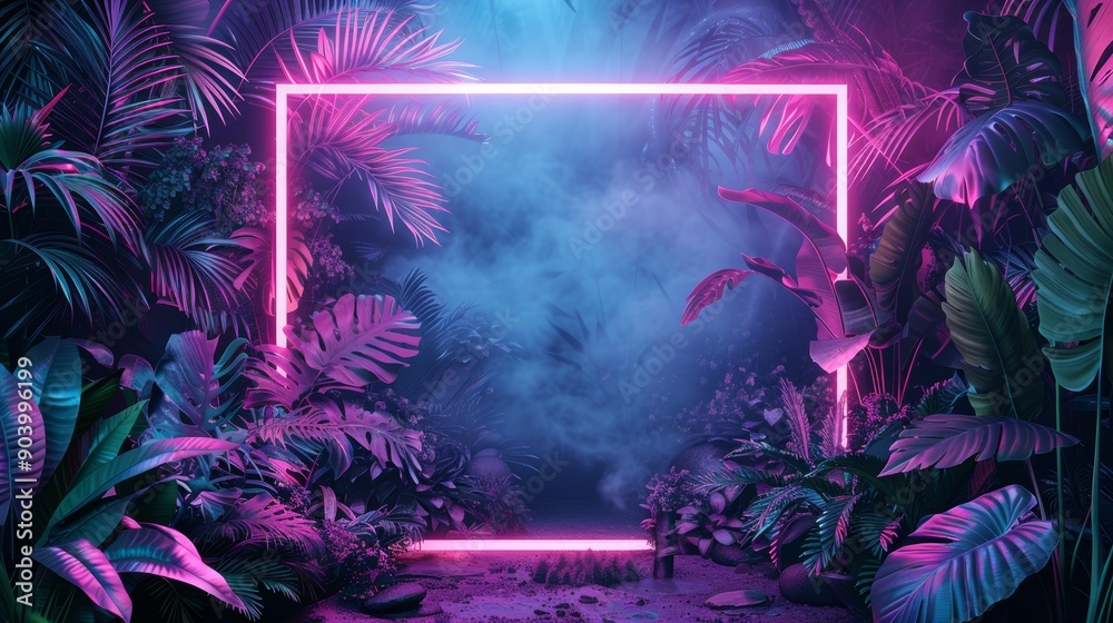 Fototapeta premium A neon frame surrounds a tropical garden, with lush plants and neon elements adding a vibrant and energetic feel to the scene.