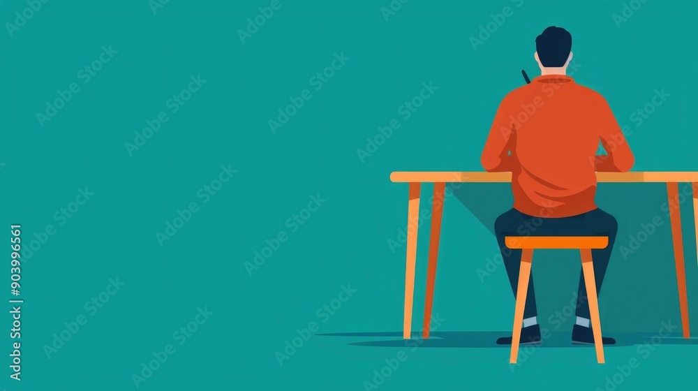 Fototapeta premium Flat Design of a Student Focused on Writing an Exam or Test in a Classroom Setting at a Desk or Table Educational Academic or School Concept