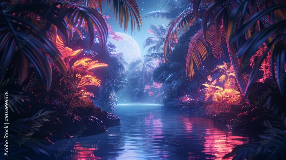 Fototapeta premium Within a neon frame, a tropical oasis is depicted, with intricate neon patterns highlighting the beauty of the lush environment. This illustration combines nature and technology for a unique and