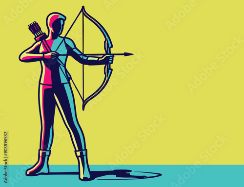 Archer aiming at the target. Sports game. Copy space for text. Vector illustration.