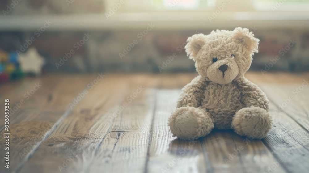 Obraz premium A cute teddy bear sits alone on a wooden floor, illuminated by soft morning light streaming through a window