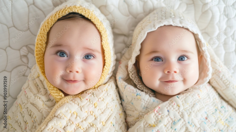 Two cute babies are nestled together on a soft blanket, radiating joy and warmth as they rest peacefully Two cute babies are nestled together on a soft blanket, radiating joy and warmth as they rest peacefully