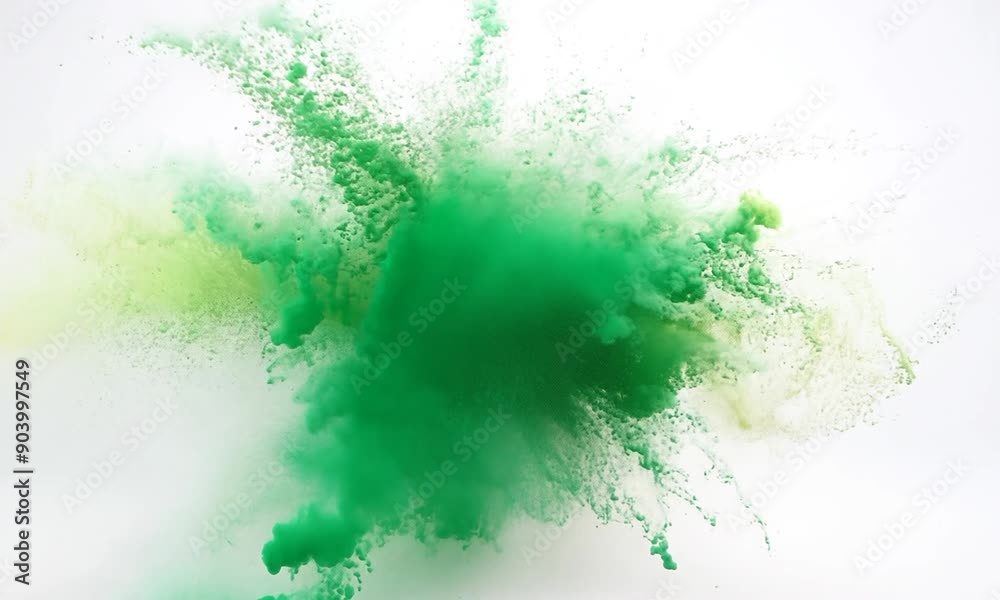 Emerald Burst: A vibrant explosion of green powder paint erupts against a clean white backdrop, capturing the raw energy and dynamism of color in motion.