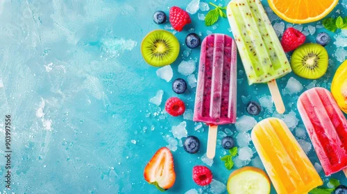 Obraz  z motywem Assorted fruit popsicles laid on ice with fresh fruits, ready for a refreshing summer treat