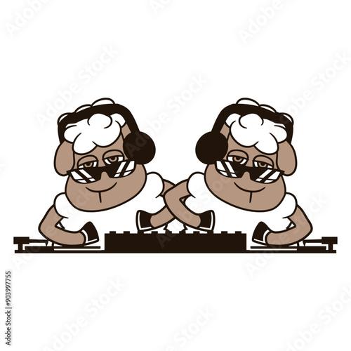 Two DJ Sleepy Sheep 2 Team Friends Duo Crew Animals Sunglasses Headphone Techno Disco Dance Club Music Party Time Mixing Console Record Player Vinyl Plate Deejay Mixer Funny Cool Comic Cartoon Drawing