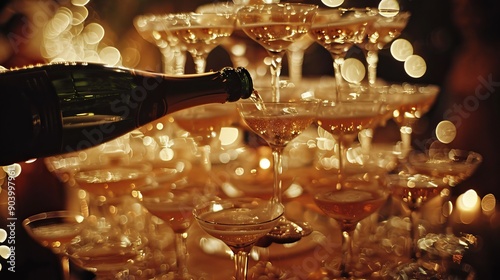 A woman at a party pours champagne into glasses stacked in a pyramid. The image is slightly blurry with film grain for effect.