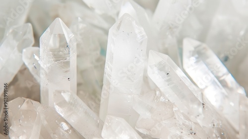 A cluster of clear quartz crystals sparkles with intricate details under soft, natural light photo