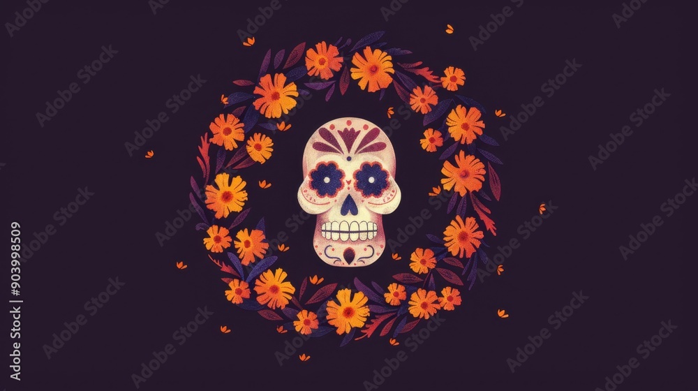 Vibrant Day of Dead Sugar Skull Wreath Illustration Vibrant Day of Dead Sugar Skull Wreath Illustration