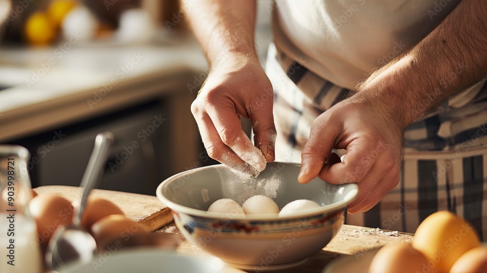 Man Preparing Breakfast Eggs in Sunlit Kitchen Man Preparing Breakfast Eggs in Sunlit Kitchen