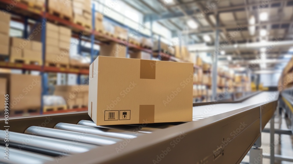 Cardboard Box on Conveyor Belt in Modern Warehouse Cardboard Box on Conveyor Belt in Modern Warehouse
