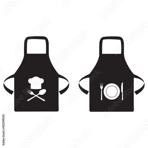 Icono de delantal de cocina en color negro con dibujos de utensilios en blanco. Vector
