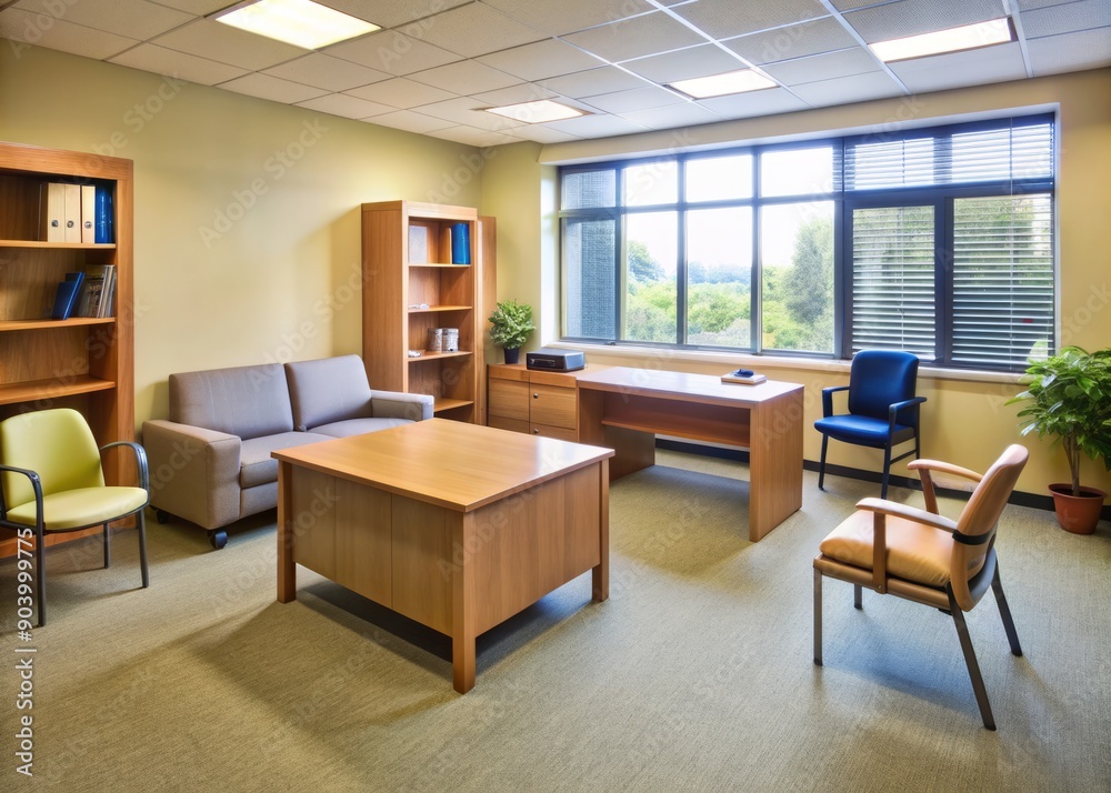 A warm and inviting high school guidance office with a desk, chairs, and shelves, evoking a sense of trust and support for students seeking advice. A warm and inviting high school guidance office with a desk, chairs, and shelves, evoking a sense of trust and support for students seeking advice.