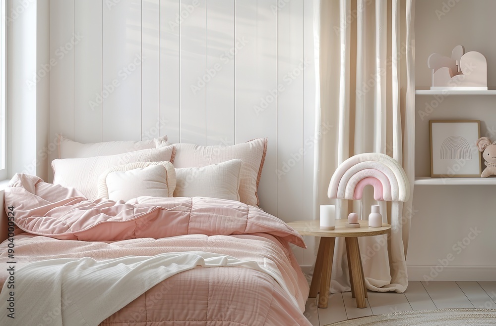 Obraz premium Cute Girl's Bedroom with Pink Bed, White Walls and Floor, Wooden Bedside Table, Fluffy Blanket, Rainbow-Shaped Pillow, Pastel Color Palette, Simple Interior Design, Pink Desk Lamp, White Curtains,.