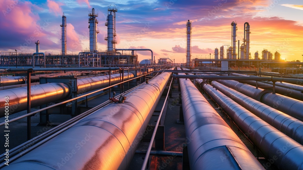 Fototapeta premium Industrial Oil and Gas Pipelines Leading to Refinery at Sunset