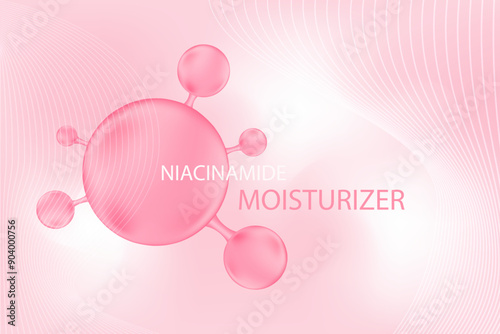 Nude pink 3d beauty background with molecule of niacinamide or collagen ball, vector bio abstract scientific icon. Great for cosmetology advertisement. Beauty science skin care molecular concept