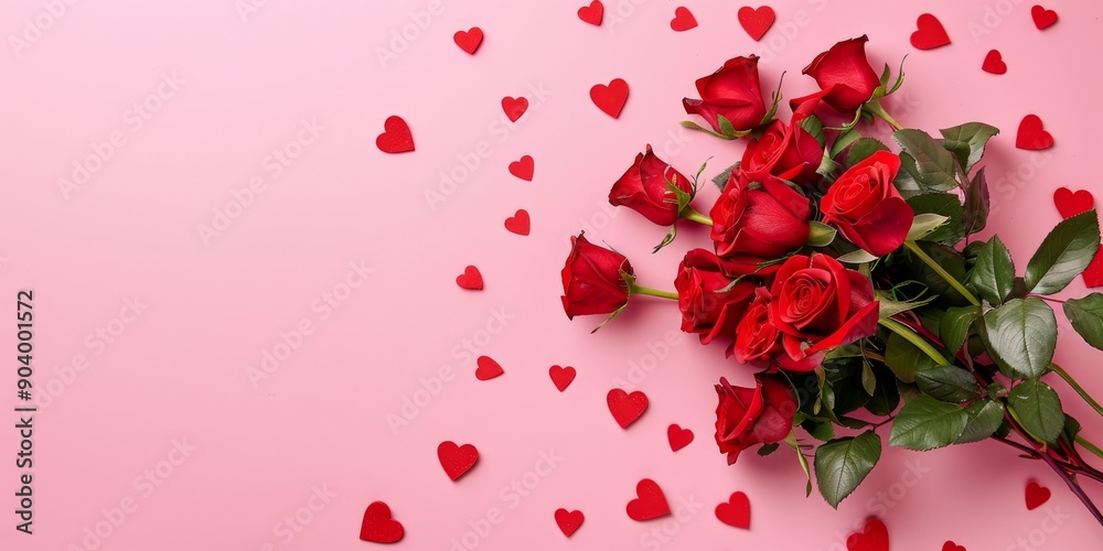 A stunningly beautiful arrangement of vibrant red roses adorned with lovely heart decorations on a soft pink backdrop A stunningly beautiful arrangement of vibrant red roses adorned with lovely heart decorations on a soft pink backdrop