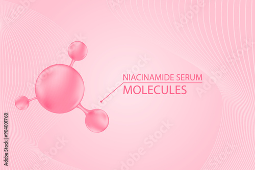 Nude pink 3d beauty background with molecule of niacinamide or collagen ball, vector bio abstract scientific icon. Great for cosmetology advertisement. Beauty science skin care molecular concept