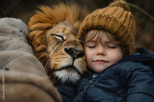 a realistic image of a lion lying peacefully with a cute baby or kid, showcasing harmony and gentle companionship photo