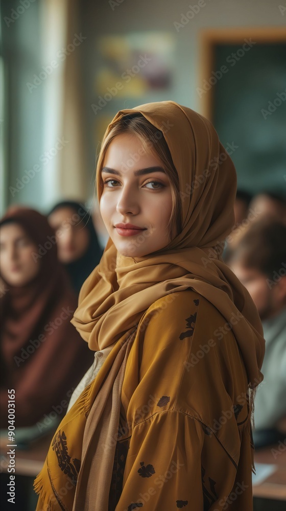 A woman wearing a headscarf standing in front of a classroom full of students A woman wearing a headscarf standing in front of a classroom full of students