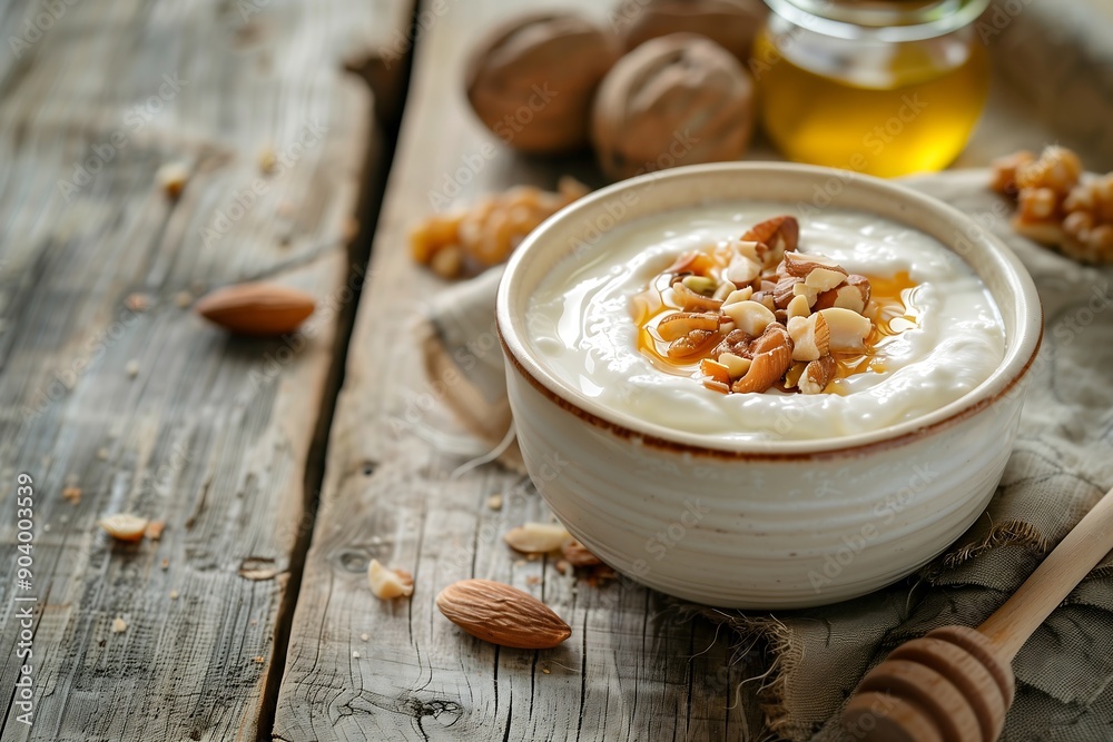 A bowl of Greek yogurt with honey and nuts, placed on a rustic wooden table with copy space A bowl of Greek yogurt with honey and nuts, placed on a rustic wooden table with copy space