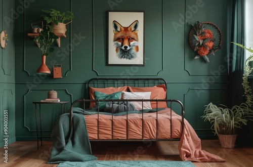 Cozy Child's Room with Dark Green Wall, Iron Bed, and Cute Fox Posters. Scandinavian Style Interior Featuring Copper Pink Sheets on Wood Floor, Simple and Stylish Decor for Kids' Bedroom.
