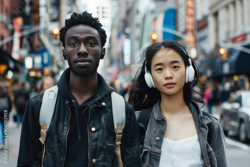 Young mixed race couple with headphones, strolling in the city, vibrant atmosphere, capturing modern urban lifestyle