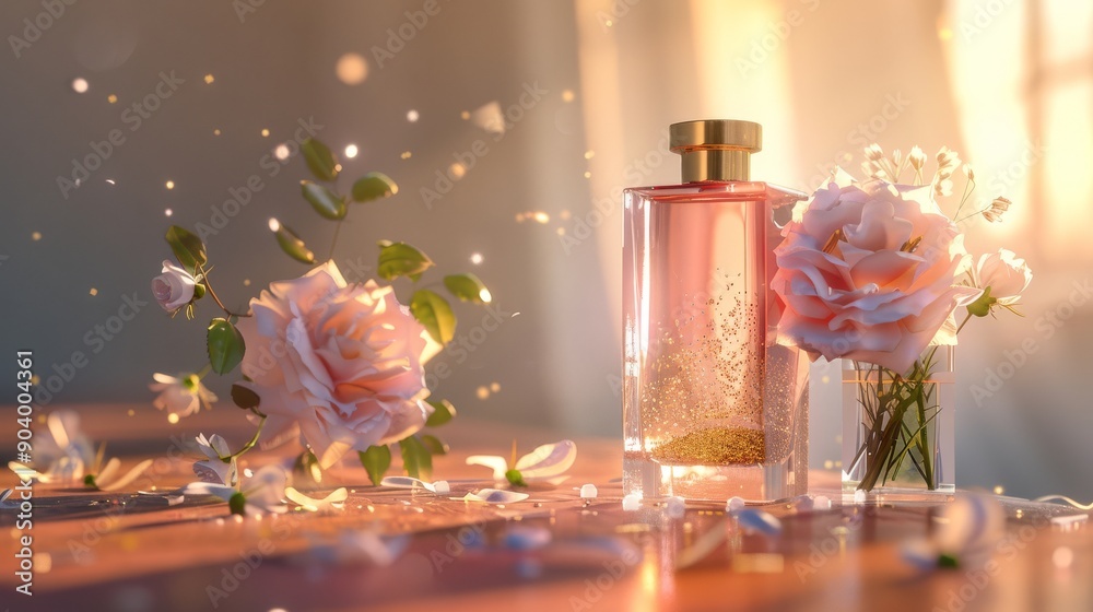 A bottle of pink perfume, flowing liquid, with gold powder, gold square lid, glass bottle, placed on the table, vase with white roses, sunlight A bottle of pink perfume, flowing liquid, with gold powder, gold square lid, glass bottle, placed on the table, vase with white roses, sunlight