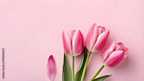 top view, light pink solid background; frame from pink tulips flowers, studio light. isolated on a solid pink background.