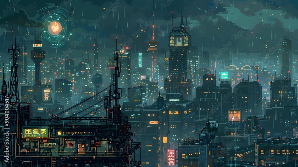 Naklejka premium Cyberpunk Cityscape Under Rain.
