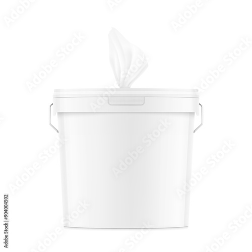 White plastic bucket wet wipes for gym. Realistic vector illustration isolated on white background. Ready for your design. EPS10.	