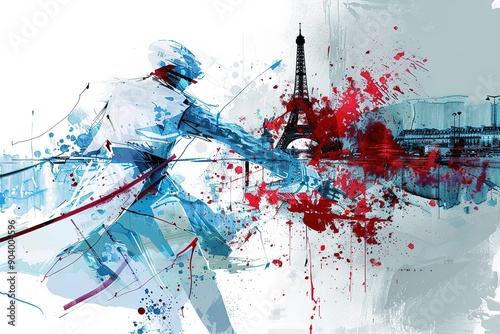 A dynamic illustration of two fencers fencing in front of the Eiffel Tower, with a red and blue color palette. A detailed ink sketch with splashes of paint in the style of Robby. white Background photo