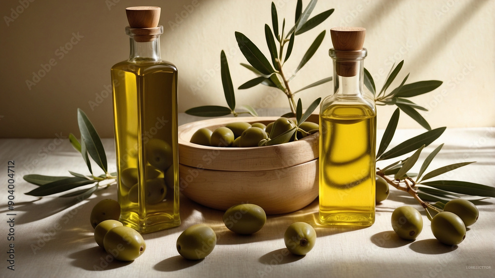 Elegant Still Life with Olive Oil Bottle and Fresh Olives Elegant Still Life with Olive Oil Bottle and Fresh Olives