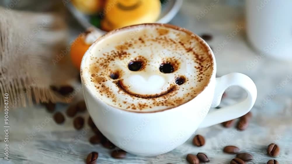 Cup of coffee with smile and coffee beans on foam on isolated background Cup of coffee with smile and coffee beans on foam on isolated background
