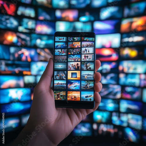 hand holding a smartphone, which displays various video thumbnails on its screen. In the background, there is a panoramic array of screens showing a diverse range of video content, indicating the exte