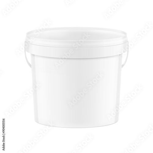 White plastic bucket for paints, horeca food, glue. Realistic vector illustration isolated on white background. Ready for your design. EPS10.