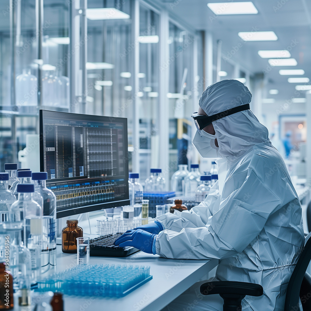 A laboratory scientist in protective is sitting at the computer and working on data analysis A laboratory scientist in protective is sitting at the computer and working on data analysis