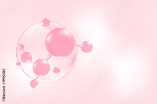 Nude pink 3D beauty background with molecule of hyaluronic acid or collagen ball, vector bio abstract scientific icon. Great for cosmetology advertisement. Beauty science skin care molecular concept