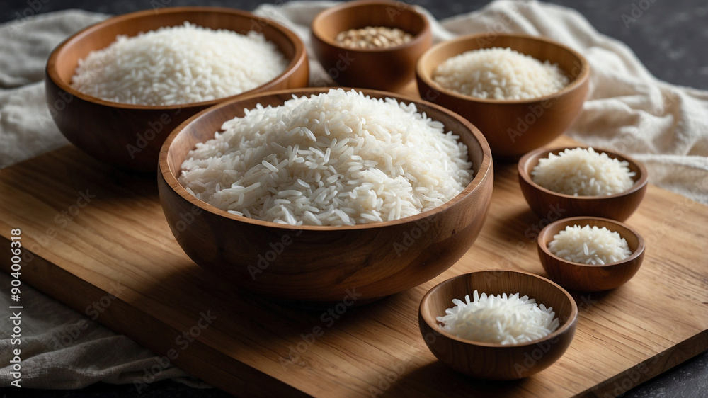 Close-Up of Wooden Bowls with White Rice on Wood Close-Up of Wooden Bowls with White Rice on Wood