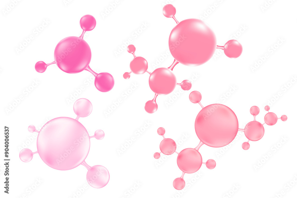 Pink beauty glowing molecule icon set, 3D bio cell, Biology nano atom elements for cosmetology, bio molecule scientific isolated vector. Beauty, skin care molecular atom illustration Pink beauty glowing molecule icon set, 3D bio cell, Biology nano atom elements for cosmetology, bio molecule scientific isolated vector. Beauty, skin care molecular atom illustration