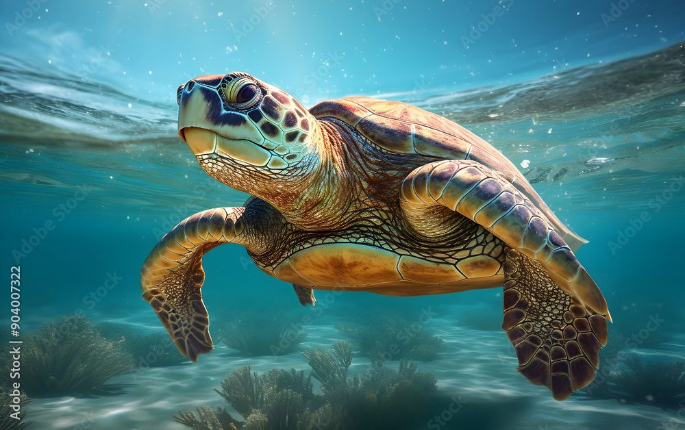 Fototapeta premium Green sea turtle swims in the ocean