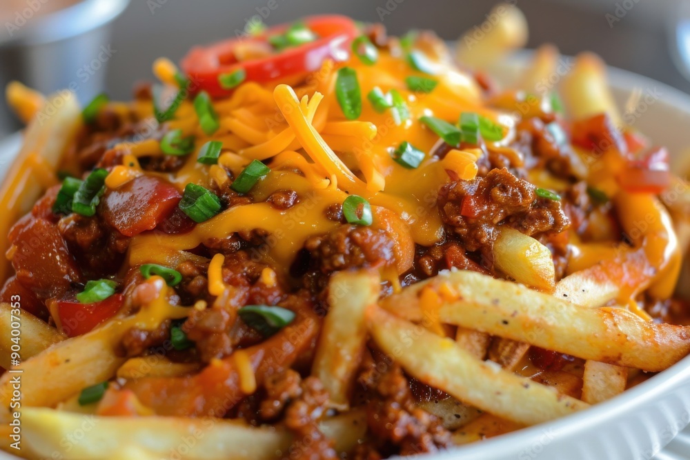 Chili Cheese Fries. Spicy Cheddar Cheese with Ground Beef and Red Chili Pepper on French Fries Chili Cheese Fries. Spicy Cheddar Cheese with Ground Beef and Red Chili Pepper on French Fries