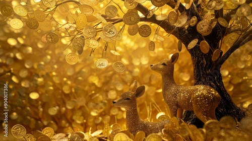 Golden tree with golden coins, high quality, two deers playing peacefully 