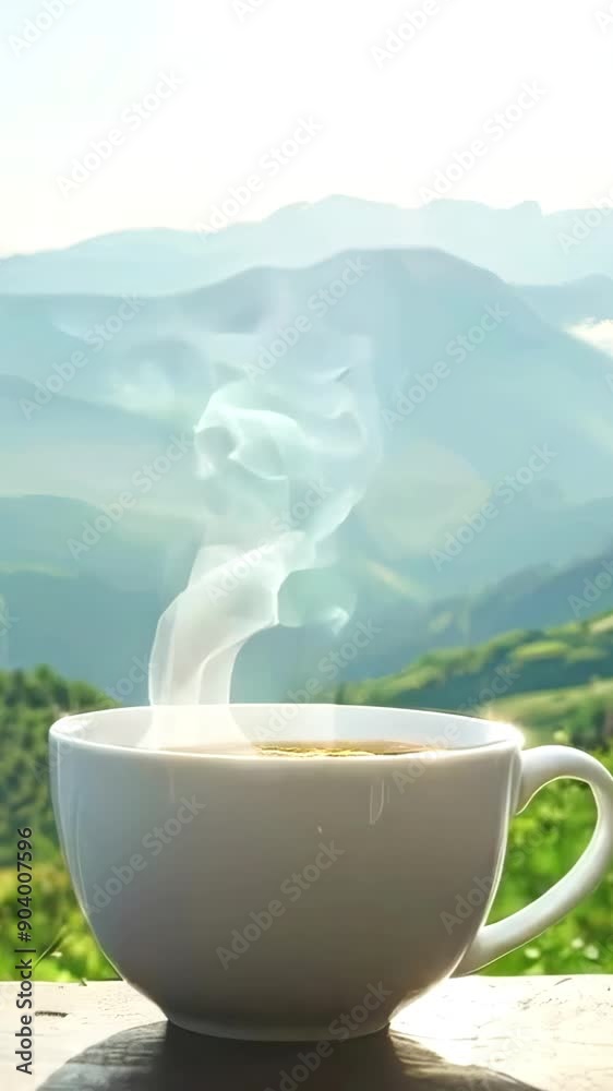 A cup of hot aromatic tea against the backdrop of winter mountains A cup of hot aromatic tea against the backdrop of winter mountains
