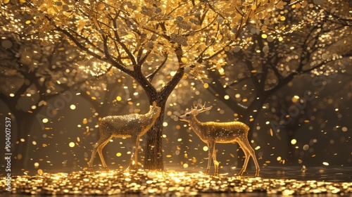 Golden tree with golden coins, high quality, two deers playing peacefully 