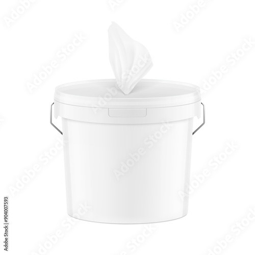 White plastic bucket wet wipes for gym. Realistic vector illustration isolated on white background. Ready for your design. EPS10.	