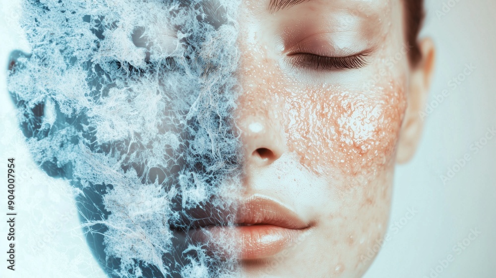 Close-up of a female face with acne-prone skin, showing redness and inflammation on one side, and clear skin on the other, symbolizing the contrast between treated and untreated skin. Close-up of a female face with acne-prone skin, showing redness and inflammation on one side, and clear skin on the other, symbolizing the contrast between treated and untreated skin.