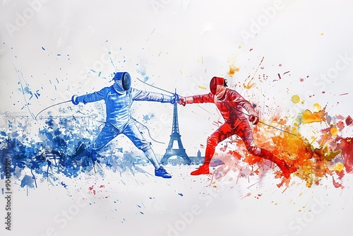 A dynamic illustration of two fencers fencing in front of the Eiffel Tower, with a red and blue color palette. A detailed ink sketch with splashes of paint in the style of Robby. white Background photo