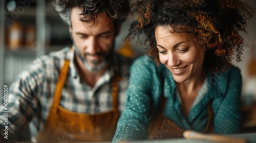 A man and woman cooperate in a kitchen environment, both focused and collaborative, likely engaged in a cooking or artisanal craft, highlighting teamwork and creativity. photo