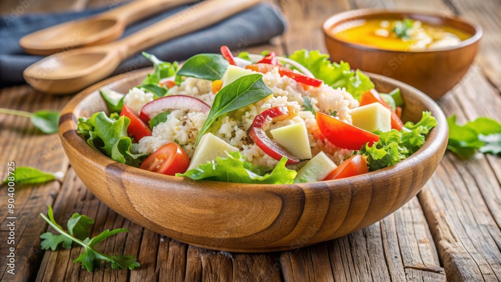 Fresh baby cos salad with millet, crab stick, and organic vegetables mixed in a wooden bowl, topped with green salad and drizzled with salad dressing. Fresh baby cos salad with millet, crab stick, and organic vegetables mixed in a wooden bowl, topped with green salad and drizzled with salad dressing.