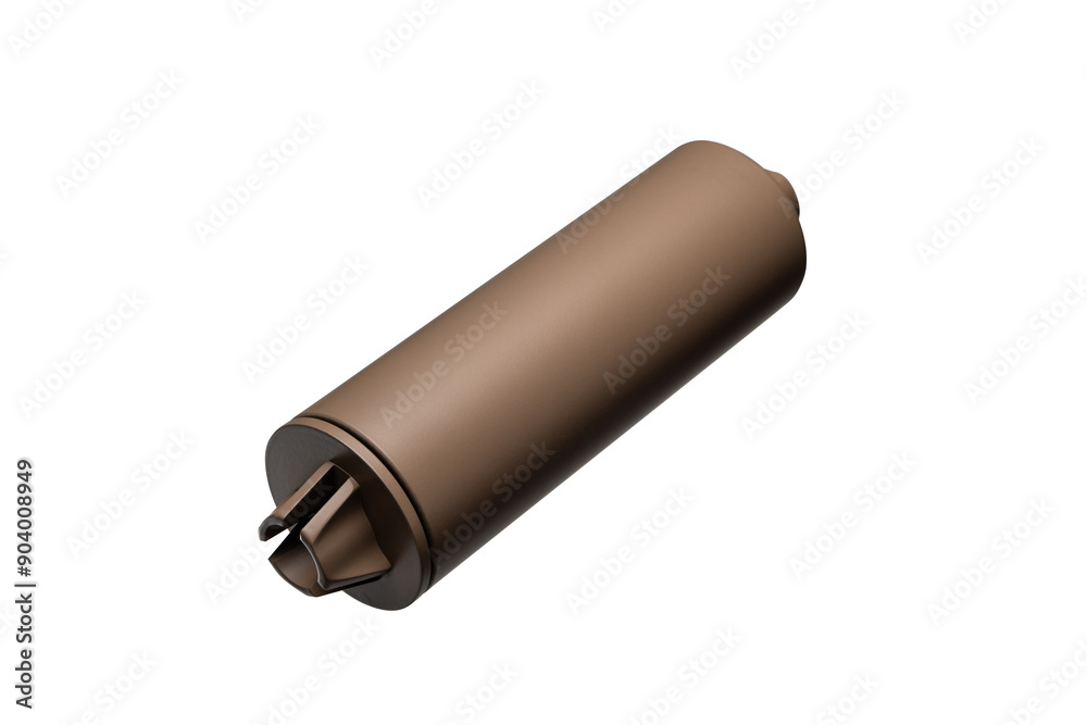 Brown silencer for weapons. Suppressor that is at the end of an assault rifle. Isolate on a white back. Brown silencer for weapons. Suppressor that is at the end of an assault rifle. Isolate on a white back.